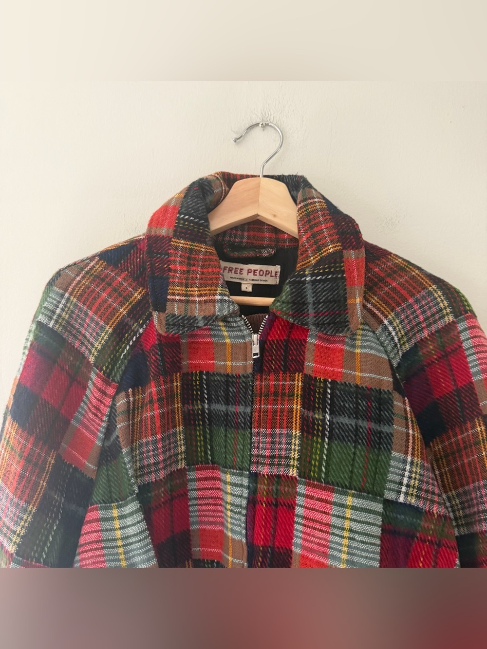 Free People Orion Country Jacket Plaid Patchwork Red Multi Bomber Size Small - Picture 10 of 11